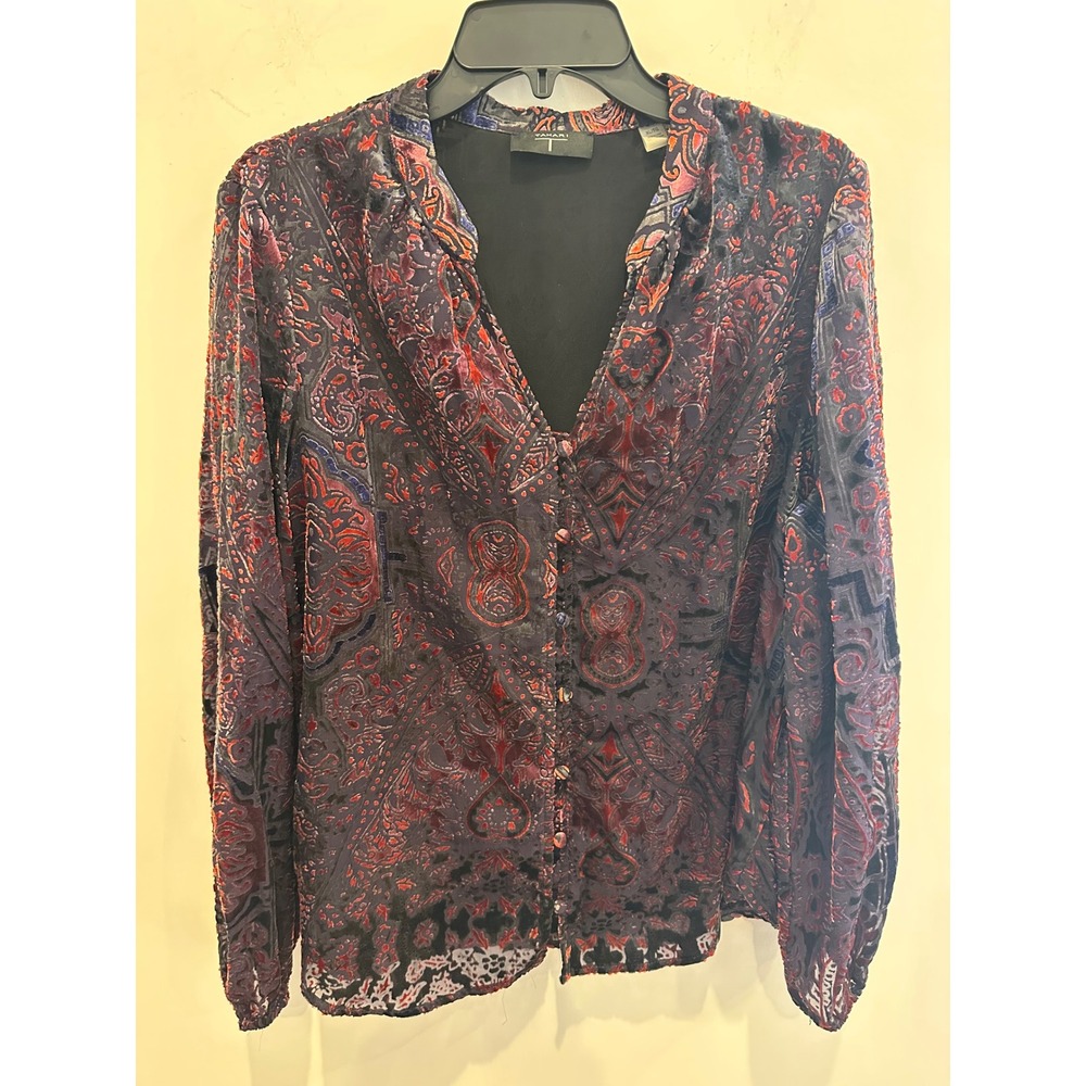 Tahari T Womens XL Paisley Burnout Velvet Button Front Blouse Purple Red V-Neck